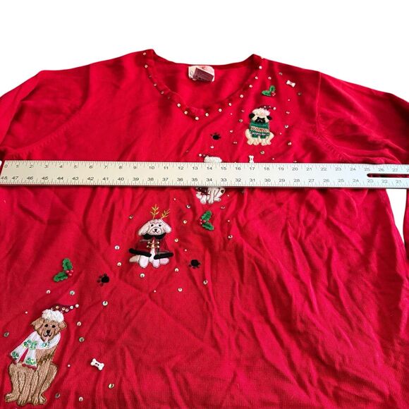 Ladies Christmas Sweater Puppies Dog Pug Golden Poodle Quaker Factory 3X Red - Picture 9 of 14